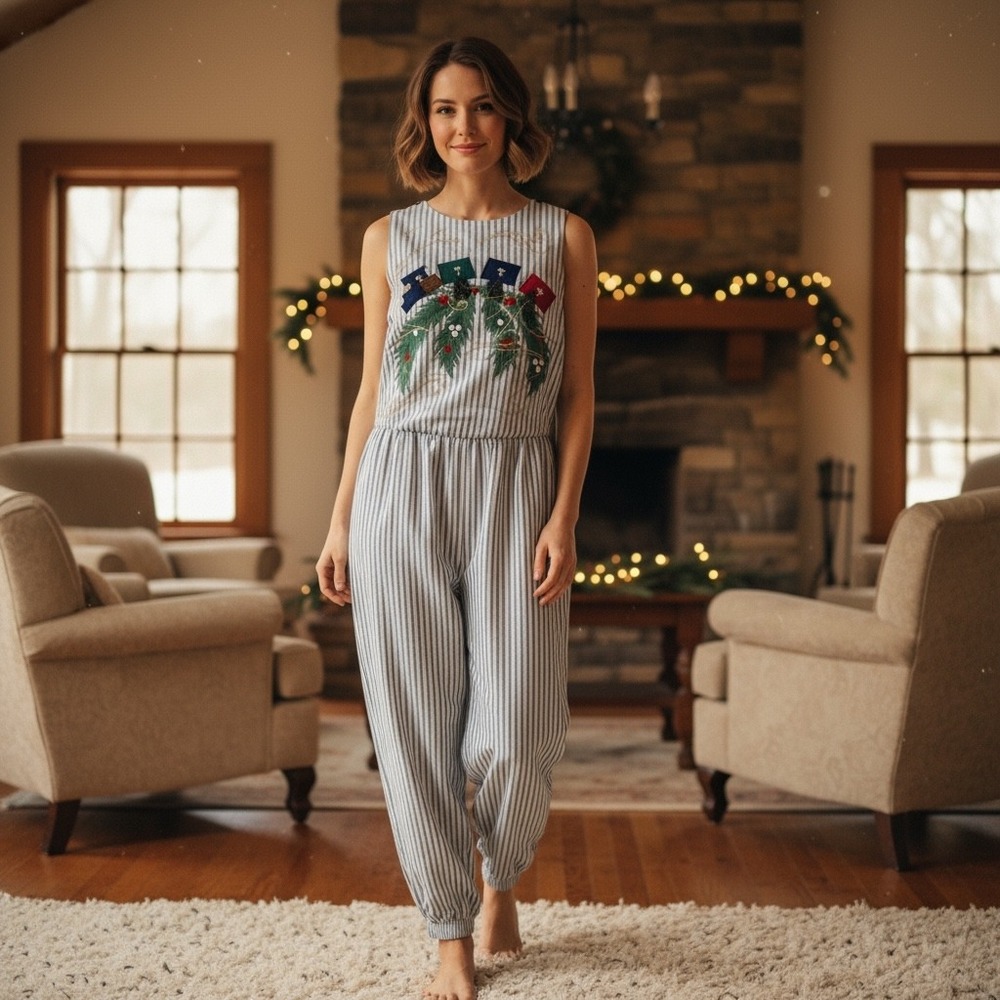 Vintage 90s Christmas Express Jumpsuit L Cotton Ticking Stripe Cottagecore Y2K